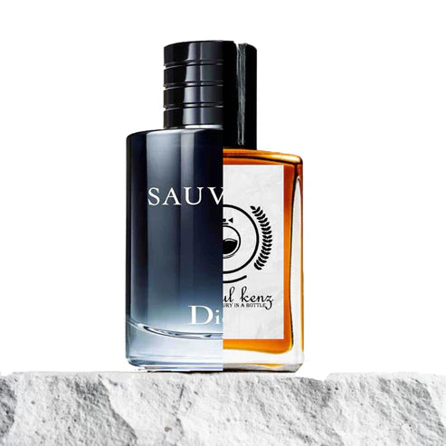 Side-by-Side Comparison of Dior Sauvage Perfume Bottle and Baytulkenz Fragrance Bottle on a Textured Stone Surface – Luxury Scents, Premium Perfume Packaging, and Iconic Fragrance Design Showdown