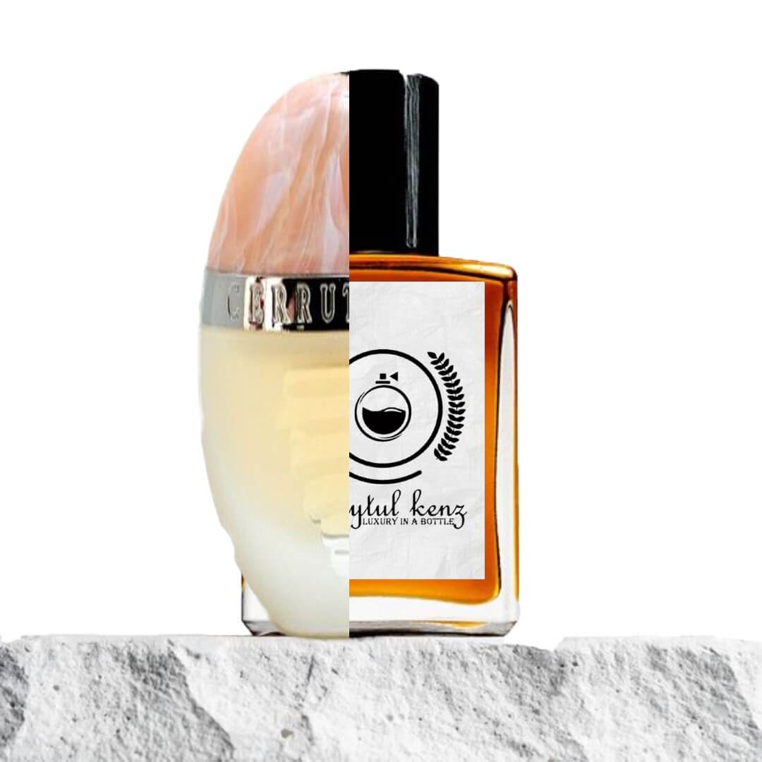 This image presents a split view of two perfume bottles. The left side showcases the elegant and iconic design of Cerruti 1881 perfume, with its rounded shape, pale peach cap resembling marble, and a silver band displaying the "Cerruti" name. On the right side, it mirrors the transparent bottle design from Baytul Kenz, similar to the previous image. The "Baytul Kenz" bottle is rectangular with a black cap, and its label features a simple yet luxurious logo of a stylized perfume bottle.