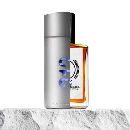 This image features a split view of two perfume bottles. On the left side is the sleek, metallic design of Carolina Herrera 212 Men, with its smooth cylindrical shape and a bold, blue "212" logo embossed on the surface. The bottle has a modern and minimalistic silver-gray appearance. On the right side is the familiar Baytul Kenz perfume bottle, rectangular with a black cap, showcasing its label that bears the logo of a stylized perfume bottle with the tagline “Luxury in a Bottle.” 