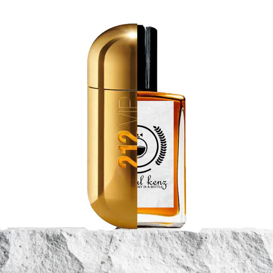 A split-image composition showcasing two contrasting perfume bottles. The left side features the sleek, metallic golden design of the '212 VIP' fragrance bottle, while the right side displays a transparent glass perfume bottle with an amber liquid inside, labeled with a logo and text resembling 'Baytul Kenz, Luxury in a Bottle,' set against a white background. The bottles are placed on a textured stone surface with a minimalist white backdrop."
