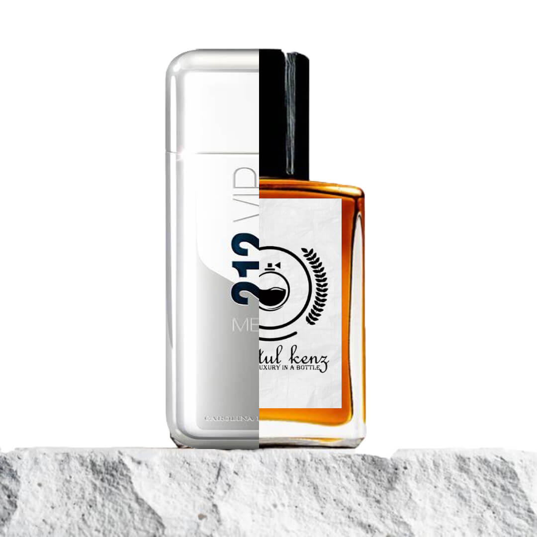 A split-image composition contrasting two perfume bottles. The left side features the sleek, metallic silver design of the '212 VIP Men' fragrance bottle, with its modern and minimalist aesthetic. The right side displays a transparent glass perfume bottle filled with amber liquid, labeled with a logo and the text 'Baytul Kenz, Luxury in a Bottle,' set against a white background. Both bottles are placed on a textured stone surface with a clean, white backdrop."