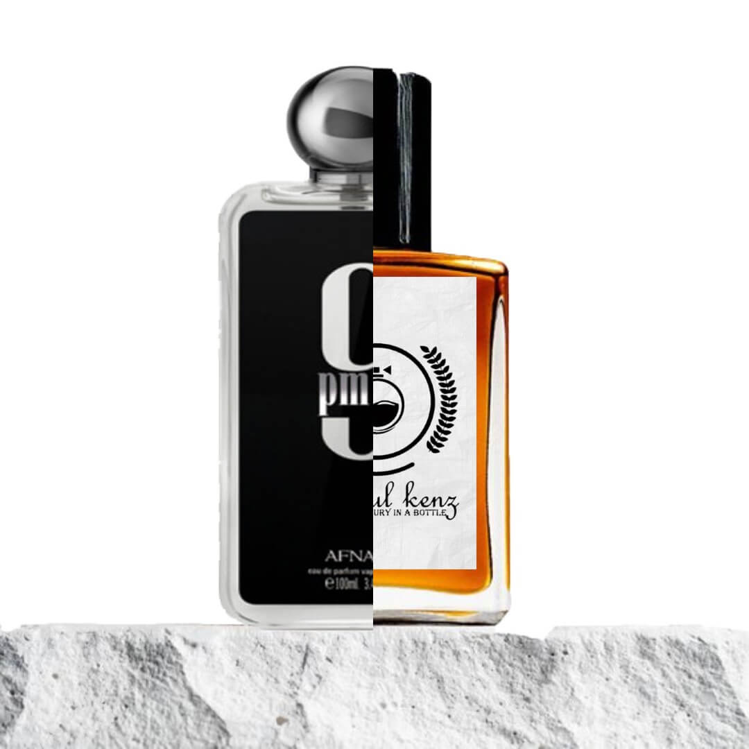 A split-image composition contrasting two perfume bottles. The left side features the bold, rectangular design of the '9 PM by Afnan' fragrance bottle, with a black label and silver cap, exuding a modern and sophisticated vibe. The right side showcases a transparent glass perfume bottle filled with amber liquid, labeled with a logo and the text 'Baytul Kenz, Luxury in a Bottle,' against a white background. Both bottles are placed on a textured stone surface with a clean, white backdrop.