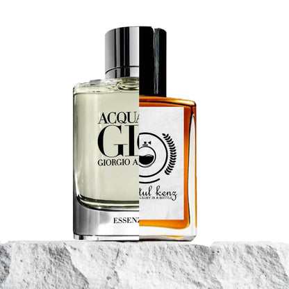 Image of a split design featuring two perfume bottles: the left half displays the Acqua di Giò Essenza by Giorgio Armani, with a transparent bottle and silver cap, while the right half showcases a Baytulkenz perfume bottle with an amber-colored liquid and a white label. Both bottles rest on a textured white stone surface with a clean white background.