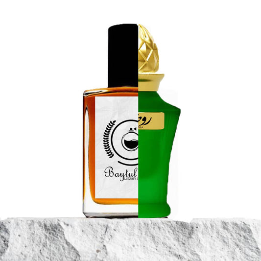 A composite image of two luxury perfume bottles. The left side displays a rectangular glass bottle with amber liquid, labeled "Baytulkenz... Luxury in a Bottle," featuring a black cap and a minimalist white label. The right side highlights "Ahmed Al Maghribi Rawdha" perfume in a vibrant green bottle with a gold cap that has a geometric design. A gold plaque with Arabic text is visible on the green bottle. Both bottles are placed on a textured white stone surface, set against a clean, neutral background.