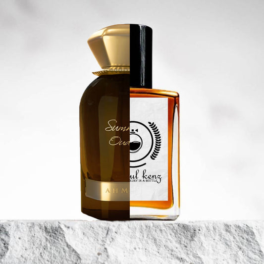 The left side of the image appears to feature a bottle of "Ahmed Al Maghribi Summer Oud" perfume. It has a dark amber-colored body with a gold cap and elegant gold lettering. "Summer Oud" is written in cursive on the bottle. The right side of the image shows a different perfume bottle with a rectangular shape, amber liquid, and a modern design. The label on this bottle feature "Baytulkenz" and includes a circular logo and the phrase "Luxury in a Bottle."