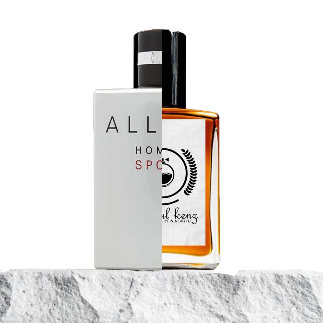 "A bottle of cologne with a white label, Allure Homme Sport by Chanel, resting on a textured surface on the left side."
 "On the right, an amber-colored bottle of the Baytulkenz-inspired version of Allure Homme Sport by Chanel."
 "The two bottles are positioned side by side, showcasing their distinct labels and colors."
"The textured surface beneath the bottles adds visual depth, complementing their elegant designs."
 "Both bottles are clearly visible, with the Allure Homme Sport branding prominent on the l