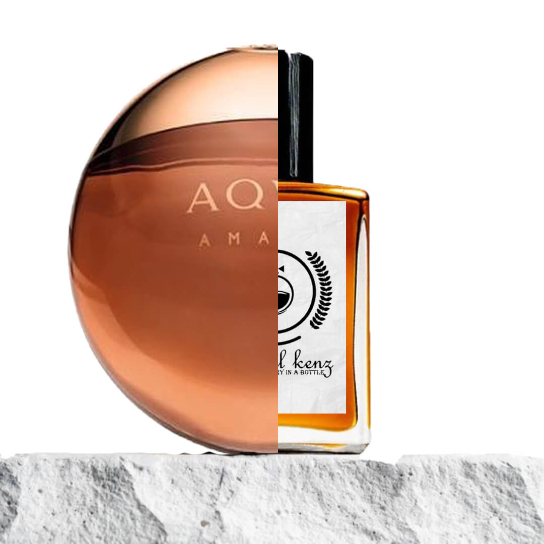 "A split image features two perfume bottles displayed side by side."
"On the left, a round brown bottle labeled Aqva by Bvlgari, showcasing a sleek, classic design."
"The bottle has a deep, rich brown hue with a minimalistic label, reflecting the fragrance's elegance."
"On the right, a rectangular amber bottle with a decorative label, an inspired version of Aqva Amara by Baytulkenz."
"The amber bottle has a sophisticated shape and intricate label design, offering a unique twist on the original."