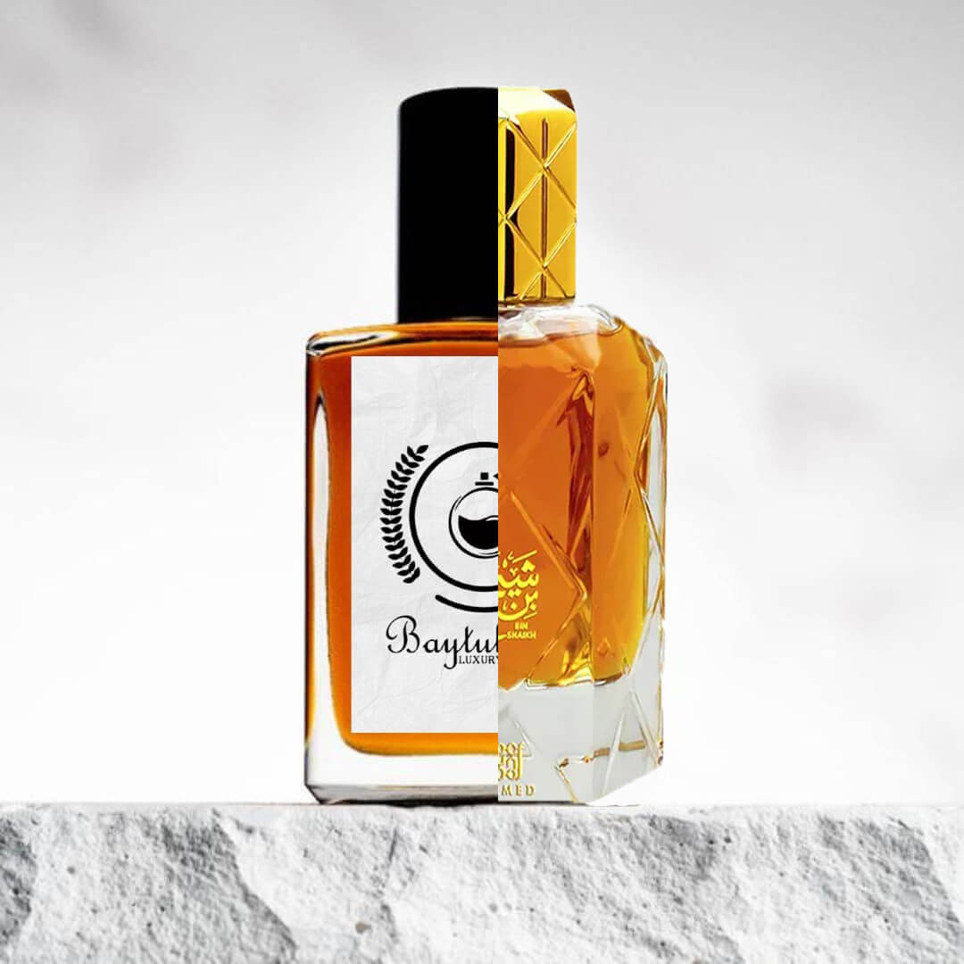 Split image featuring two perfume bottles: the left side shows a Baytulkenz bottle with a minimalist white label and black cap, while the right side displays an Al Maghribi Bin Shaikh Ahmed bottle with an intricate gold cap and amber liquid. Both are set against a clean, textured stone base and a soft, neutral background.