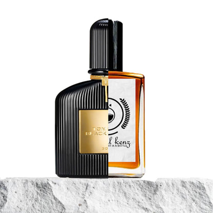 "A split image features two perfume bottles placed side by side on a stone surface."
"On the left, a black bottle with gold accents, Black Orchid by Tom Ford, showcasing a luxurious, bold design."
"The black bottle has an elegant, refined shape with gold detailing around the cap and label."
"On the right, an amber bottle with a white label, the Baytulkenz inspired version of Black Orchid by Tom Ford."
"The amber bottle features a warm, rich hue with a simple, clean label and a sleek, modern design."