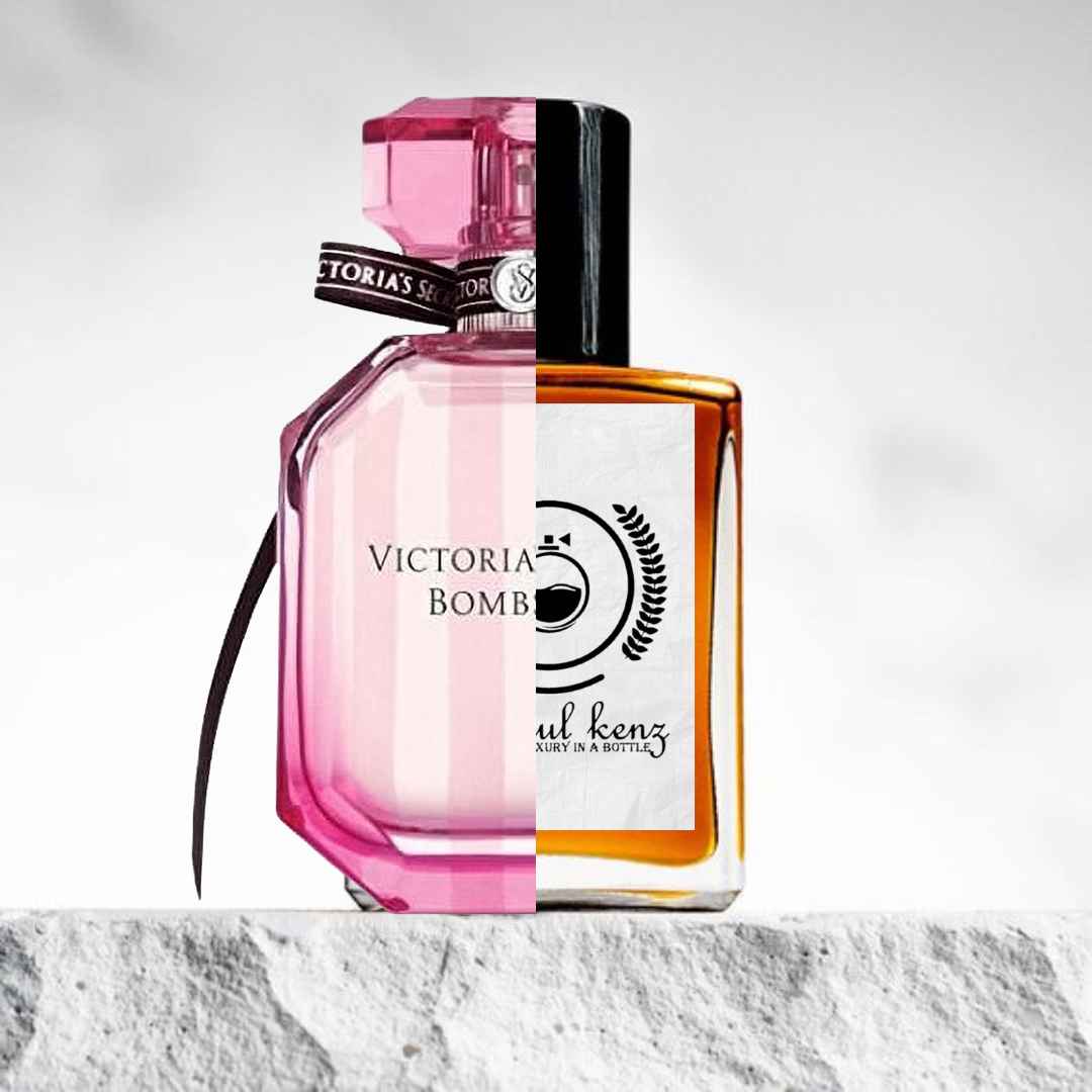 "A split image features two perfume bottles displayed side by side."
"On the left, a pink bottle of Victoria's Secret Bombshell, with a sleek, feminine design and a vibrant pink hue."
"The pink bottle has a simple, elegant shape with bold branding and a soft, classic aesthetic."
"On the right, an amber-colored bottle, the Baytulkenz inspired version of Victoria's Secret Bombshell."
"The amber bottle has a warm, rich color with a more refined and minimalist design, featuring a subtle logo."