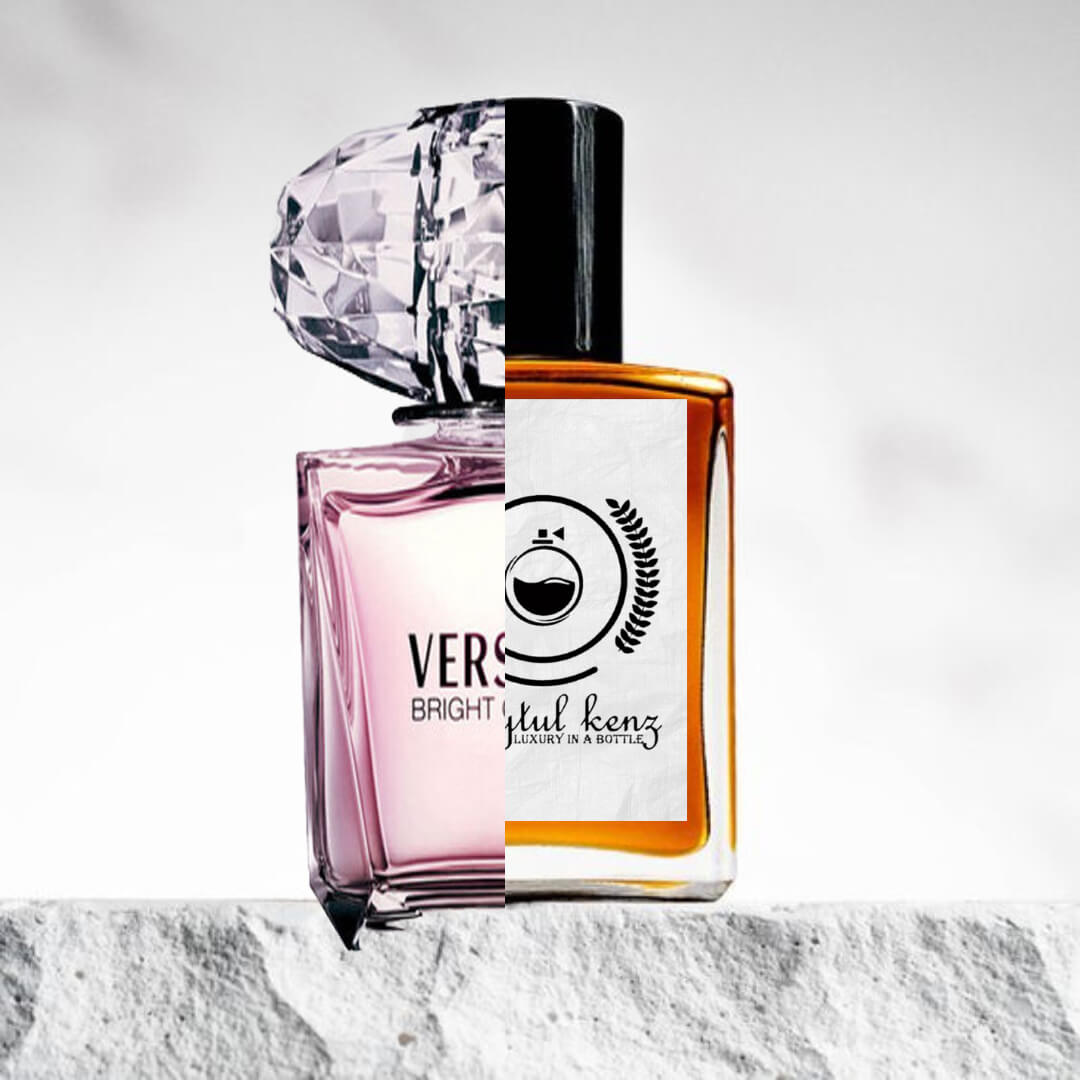 "A split image features two perfume bottles displayed side by side."
"On the left, a pink bottle with a diamond-shaped top, labeled "VERSACE", representing Bright Crystal by Versace."
"The pink bottle has an elegant, soft design with a luxurious, faceted diamond top and a delicate, feminine color."
"On the right, an amber-colored bottle labeled "Baytulkenz", the inspired version of Bright Crystal by Versace."
"The amber bottle has a warm, rich hue with a simple yet refined design"