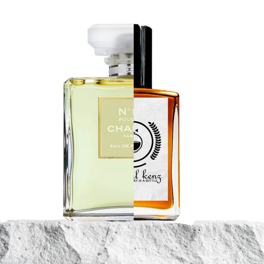 "A side-by-side image features two perfume bottles displayed next to each other."
"On the left, a bottle with clear yellow liquid, labeled "Chanel N°19 Poudre", showcasing its signature elegant design."
"The Chanel N°19 Poudre bottle has a classic, refined shape with a soft yellow hue, exuding a timeless, sophisticated vibe."
"On the right, an amber bottle with a black cap, the Baytulkenz inspired version of Chanel N°19 Poudre."
"The amber bottle has a rich, warm color with a minimalist design."