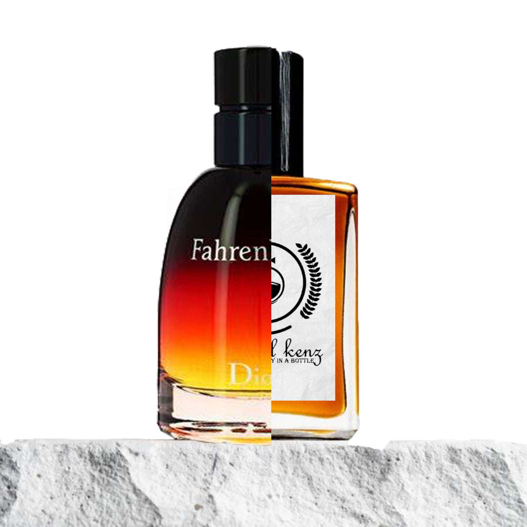 "A split image shows two perfume bottles displayed side by side."
"On the left, a bottle labeled "Fahrenheit Dior", with a gradient from black to orange."
"The Fahrenheit Dior bottle features a sleek, iconic design with a striking color gradient, transitioning from deep black at the base to a fiery orange at the top, symbolizing warmth and intensity."
"On the right, a golden amber-colored bottle, the Baytulkenz inspired version of Fahrenheit Dior."
"The Baytulkenz bottle has a warm, golden amber color."