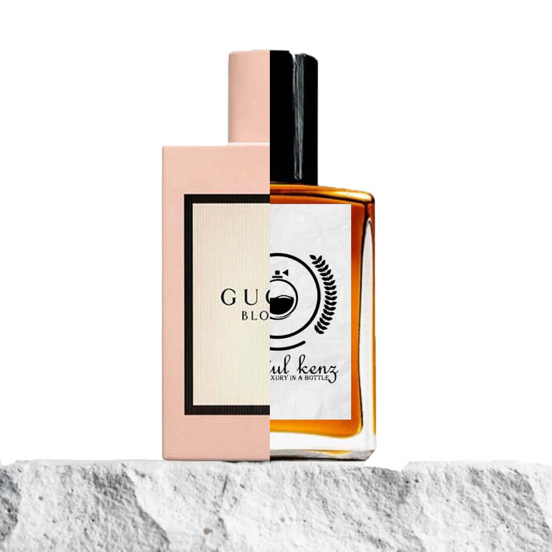 "A split image showing two perfume bottles side by side."
"On the left, a soft pink bottle labeled "Gucci Bloom," featuring a delicate and floral design."
"On the right, a golden perfume bottle labeled "Bauytulkenz," inspired by Gucci Bloom, with a luxurious golden finish."
"The golden bottle features a refined logo, distinct from the original Gucci branding."
"The neutral background emphasizes the contrast between the two bottles, highlighting their inspiration and design differences."