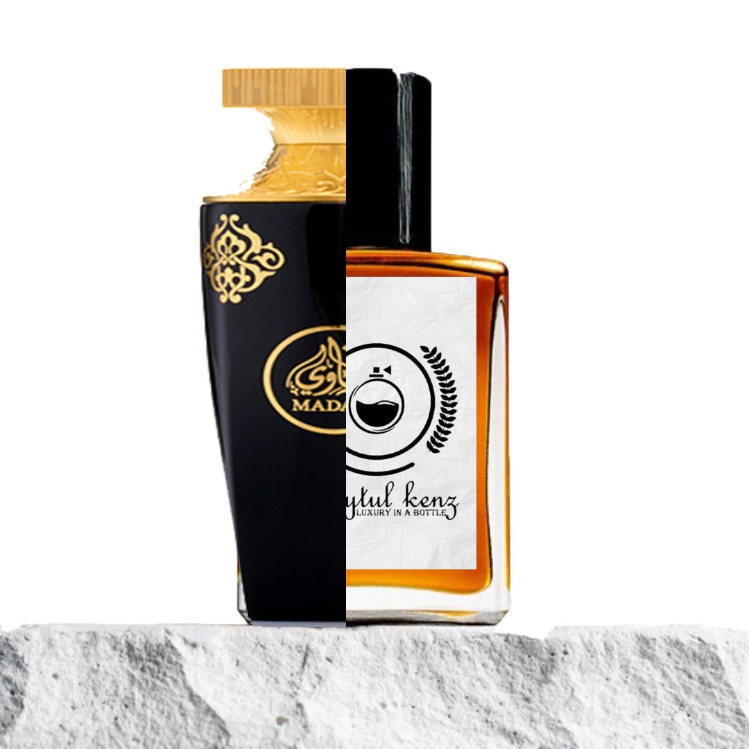 "A split image of two elegant perfume bottles displayed on a textured stone surface."
"On the left, a black-colored bottle labeled Madawi Arabian Oud, featuring an ornate design and luxurious branding."
"On the right, a bottle with amber-colored liquid, representing the Baytulkenz inspired version of Madawi Arabian Oud."
"The Baytulkenz bottle boasts a refined, warm amber hue, offering a sophisticated alternative to the original."