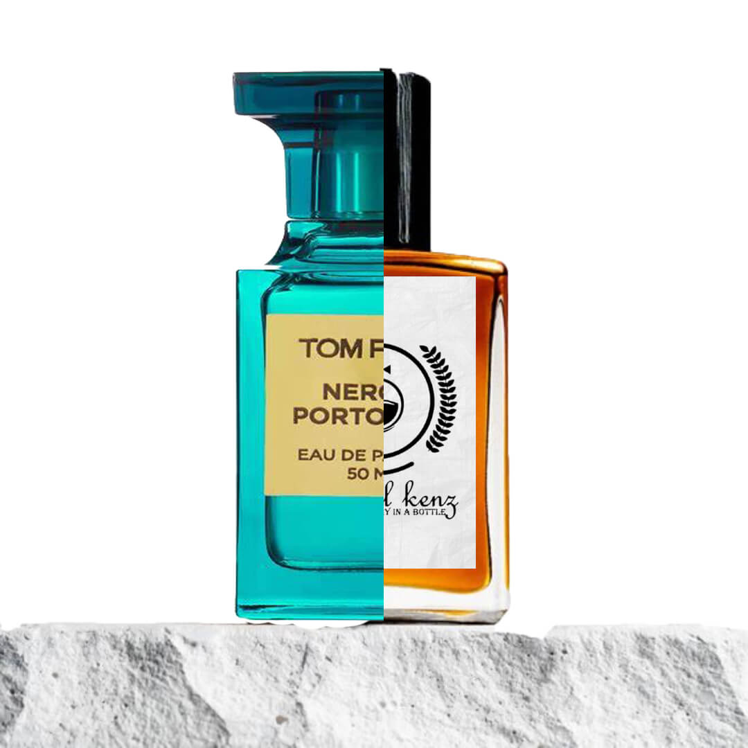 "Two perfume bottles are displayed on a white background."
"On the left, a turquoise blue bottle labeled Neroli Portofino Tom Ford, showcasing a fresh and vibrant design."
"On the right, an amber-colored bottle representing the Baytulkenz inspired version of Neroli Portofino Tom Ford, featuring a sleek and elegant design."
"The Baytulkenz bottle contrasts with the vibrant turquoise of the original, with a warm, amber hue that reflects sophistication."