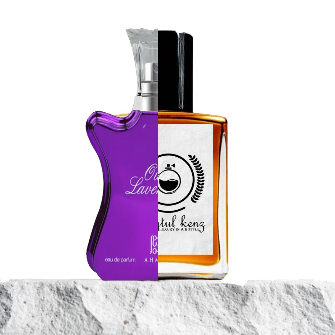 Split image displaying two perfume bottles: the left side showcases an Ahmed Al Maghribi Lavender Oud bottle with a gradient lavender design and a sleek silver cap, while the right side features a Baytulkenz bottle with amber liquid, a minimalist white label, and a black cap. Both are set on a textured stone base against a soft, neutral background.