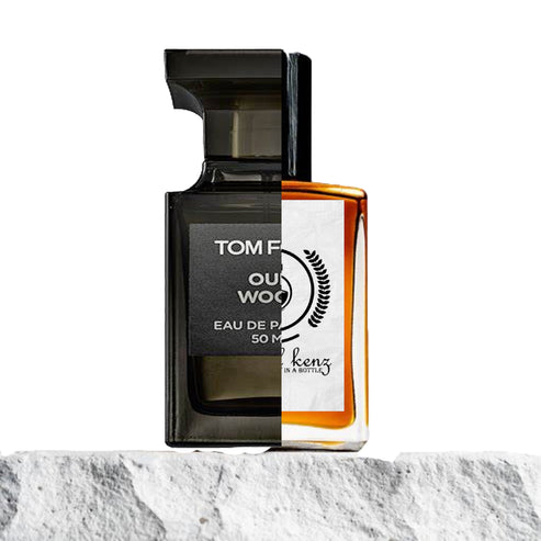 The image features a split view of two perfume bottles. The left side showcases Tom Ford's Oud Wood, with its elegant, dark-toned glass bottle and a minimalist black label bearing the perfume name. The right side displays a Baytulkenz Perfumes bottle, characterized by its warm amber liquid and a white label featuring the Baytulkenz logo and branding. Both bottles rest on a stone-textured surface, offering a visual contrast between the luxurious, sleek design of Tom Ford and the artisanal, handcrafted aesthetic of Baytulkenz.