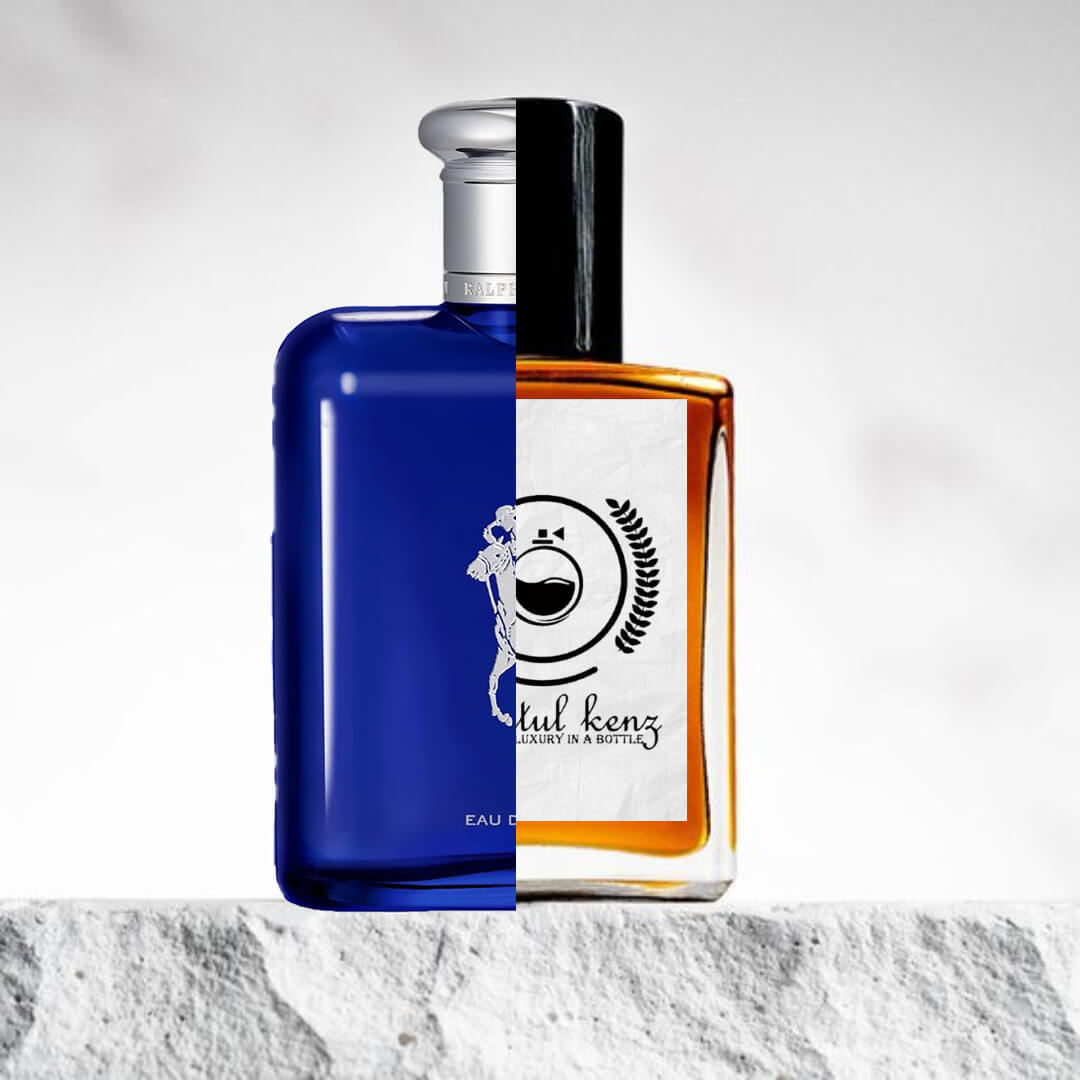 "Two cologne bottles are displayed against a clean white background."
"On the left, a blue bottle labeled "Polo Ralph Lauren" exudes a classic, sophisticated design."
"On the right, an amber-colored bottle represents the Baytulkenz inspired version of "Polo Ralph Lauren."
"The blue bottle stands out with its vibrant color, while the amber bottle offers a warm, rich contrast."