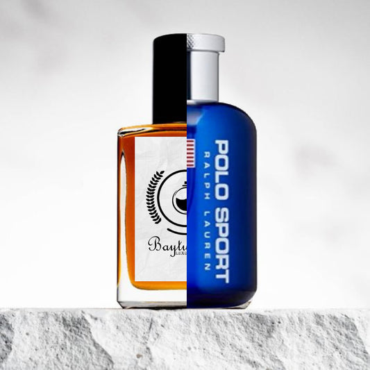 "Two cologne bottles are placed on a textured stone surface."
"On the left, a transparent bottle with orange liquid represents the Baytulkenz inspired version of "Polo Sport Ralph Lauren."
"On the right, an opaque blue bottle is labeled "Polo Sport Ralph Lauren," featuring a classic, sporty design."
"The transparent bottle contrasts with the bold blue of the original, with the orange liquid adding warmth to the display."