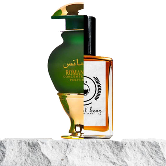 "Two perfume bottles are placed on a ledge."
"On the left, a green bottle labeled "Romance Rasasi" features Arabic and English text, giving it a distinct and elegant design."
"On the right, an amber-colored bottle represents the Baytulkenz inspired version of "Romance Rasasi."
"The green bottle with its dual-language label contrasts with the warm amber liquid in the inspired version."