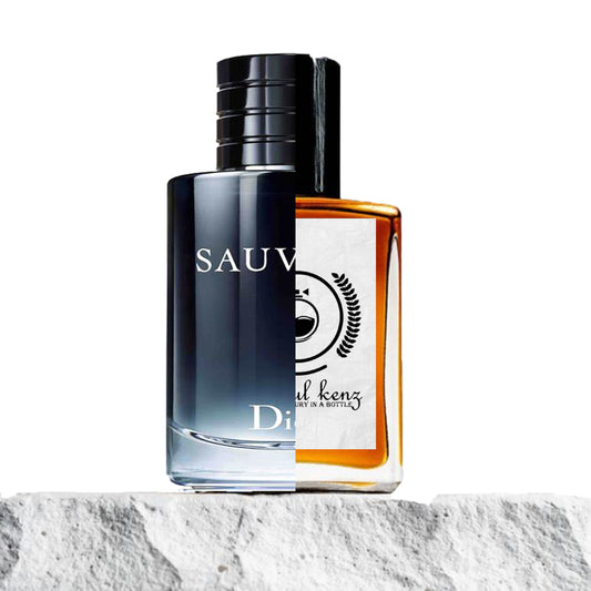 "Two cologne bottles are placed on a rocky surface."
"On the left, a dark blue bottle labeled "Sauvage Dior" features a sleek, sophisticated design."
"On the right, an amber-colored bottle represents the Baytulkenz inspired version of "Sauvage Dior."
"The dark blue bottle stands out with its bold, cool tone, while the amber bottle contrasts with a warm, rich hue."