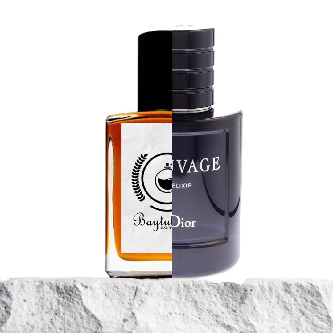 "Two cologne bottles are placed side by side on a ledge."
"On the left, a transparent bottle filled with orange liquid represents the Baytulkenz inspired version of "Sauvage Elixir Dior."
"On the right, an opaque black bottle is labeled "Sauvage Elixir Dior," featuring a bold and classic design."
"The transparent bottle contrasts with the dark, sleek black bottle, showcasing the difference between the inspired version and the original."