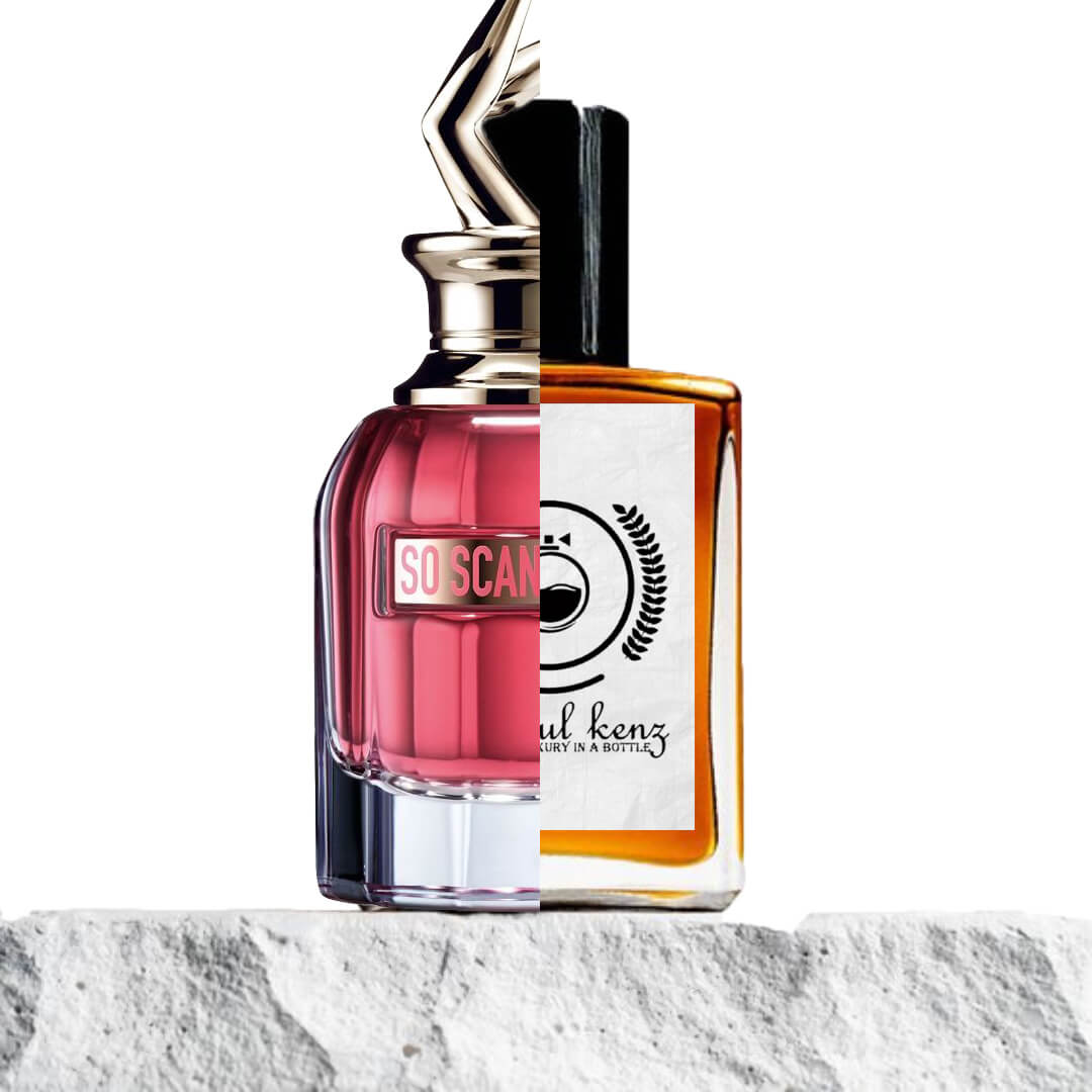 "Two perfume bottles are placed side by side on a white background with a textured edge below."
"On the left, a pink-colored cylindrical bottle labeled "So Scandal! Jean Paul Gaultier" features a bold, feminine design."
"On the right, an amber-colored bottle represents the Baytulkenz inspired version of "So Scandal! Jean Paul Gaultier."
"The pink cylindrical bottle stands out with its vibrant, playful color, while the amber bottle contrasts with its warm, rich hue."