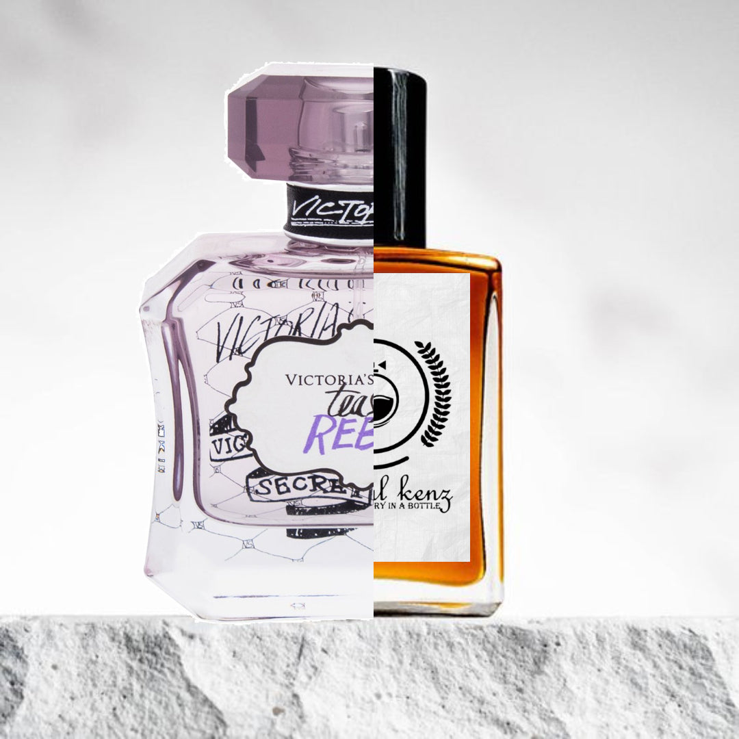 "A split photo shows two perfume bottles against a light background."
"On the left, a silver-colored bottle with artistic writing and a label reading "Tease Rebel Victoria's Secret" is displayed."
"On the right, the Baytulkenz inspired version of "Tease Rebel Victoria's Secret" is shown in a bottle with a similar design but different color."
"Both bottles feature distinct labeling, with the silver bottle offering a sleek, modern look, while the inspired version maintains a similar aesthetic."