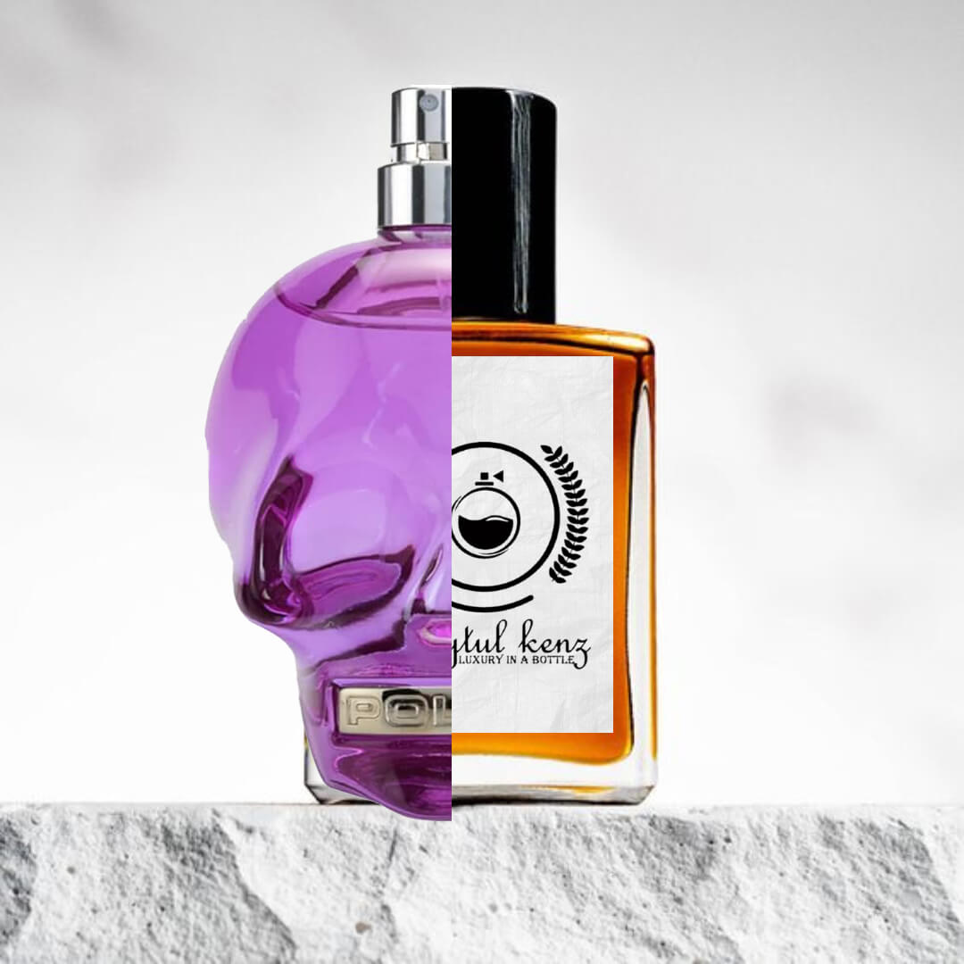 "A split-image of two different perfume bottles is displayed."
"On the left, a skull-shaped bottle filled with lavender-colored liquid is labeled "To Be Police Women."
"On the right, a rectangular amber-colored bottle represents the Baytulkenz inspired version of "To Be Police Women."
"The skull-shaped bottle adds a bold and unique touch, while the rectangular amber bottle offers a more classic, sleek design."