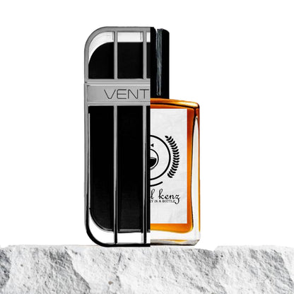 "Two different perfume bottles side by side on a textured background."
"On the left, a black-colored bottle with a silver-colored cap in a rectangular shape, labeled "Ventana Pour Homme Armaf."
"On the right, the Baytulkenz inspired version of "Ventana Pour Homme Armaf" in a similar rectangular design."
"The left bottle has a sleek, modern look with its dark hue and metallic cap."