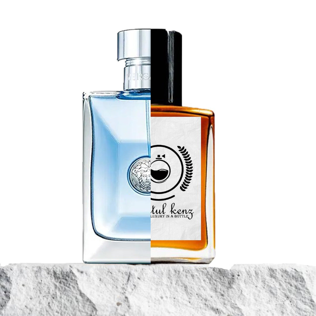 A split-image of two perfume bottles placed on a stone surface. The left side is a light blue bottle with sleek, modern design and silver accents, featuring a small emblem on the front. The right side is a warm amber-colored bottle with a bold, black cap, showcasing a label with intricate black text and logo design. The background is white, emphasizing the contrast between the two styles.