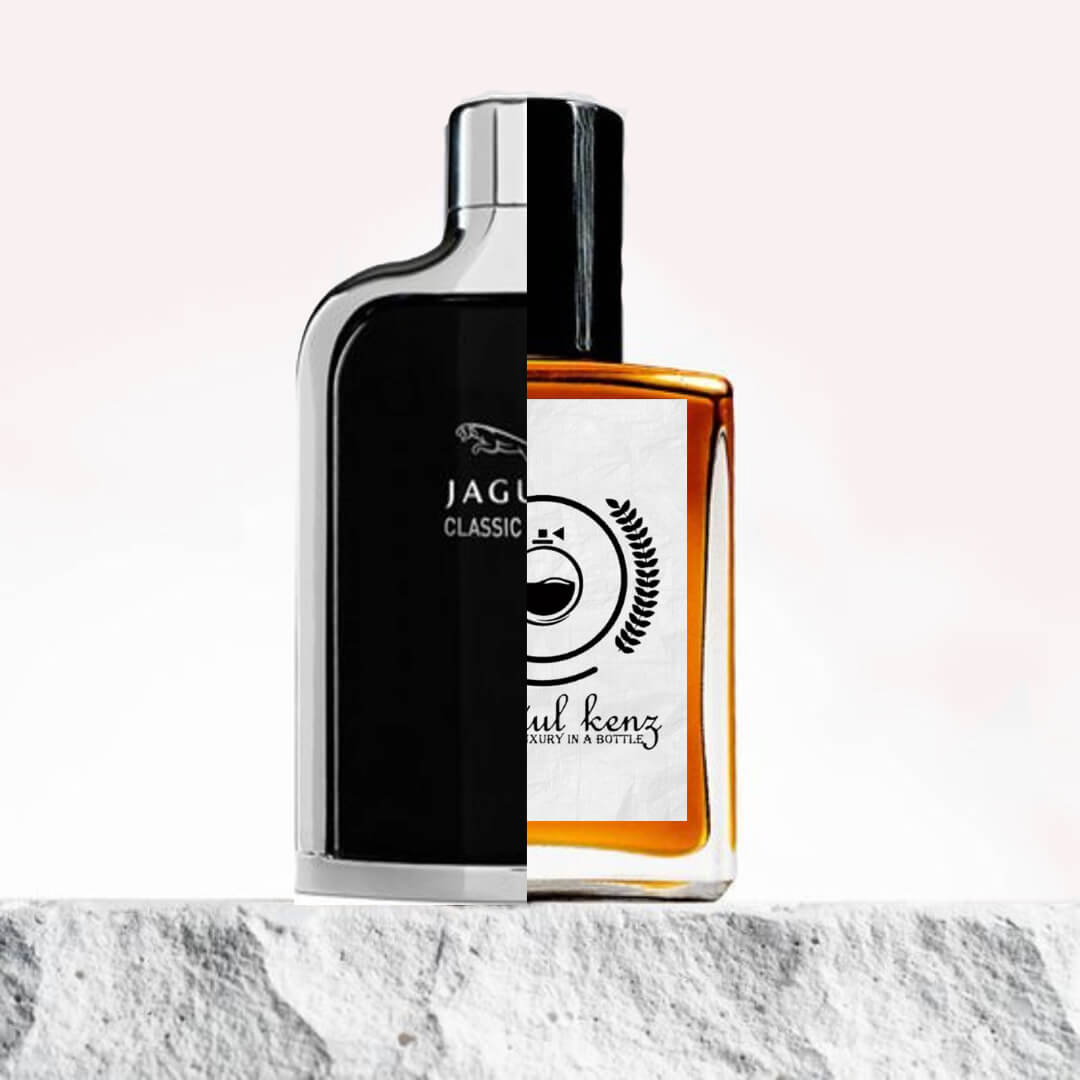 "A split image featuring two perfume bottles side by side."
"On the right, an amber bottle labeled "Baytulkenz", an inspired version of Jaguar Classic Black."
"On the left, a sleek black bottle labeled Jaguar Classic Black, exuding a modern and bold design."
"Both bottles share a similar shape but differ in color, with the amber bottle contrasting against the sleek black."
"The bottles are placed against a neutral background, highlighting their distinct yet complementary designs."