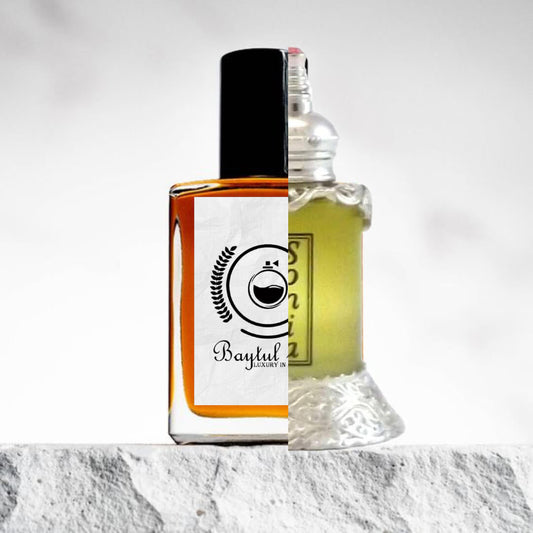 "Two Attar or perfume bottles are placed side by side on a white background with a textured edge below."
"On the left, a bottle with a black cap and a label reading "Baytulkenz" represents the inspired version of "Sonia Rasasi."
"On the right, a yellow-colored bottle labeled "Sonia" is the original "Sonia Rasasi" perfume."
"The black-capped bottle contrasts with the bright yellow bottle, highlighting the differences between the inspired and original versions."